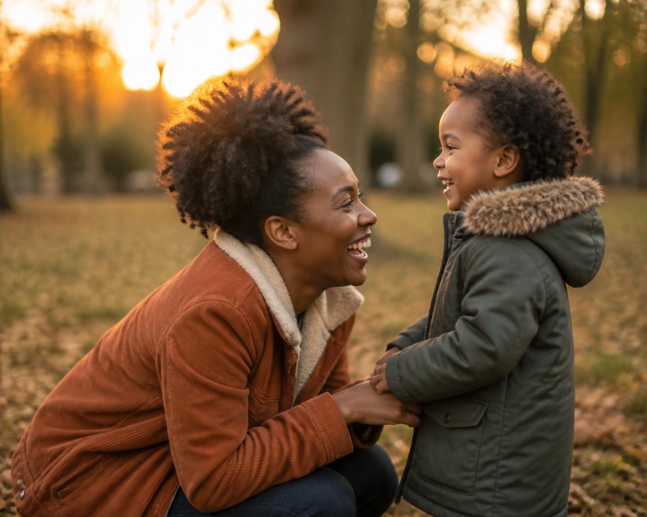 A mother laughing with her young child in a park at golden hour