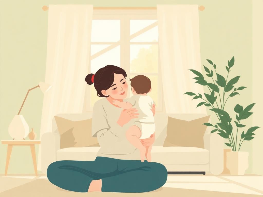 Illustration of a parent holding a young child in a calm, sunlit living room