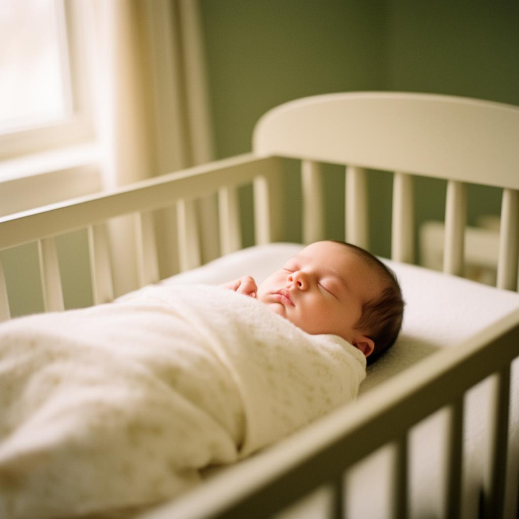 A peacefully sleeping baby swaddled in a softly lit nursery