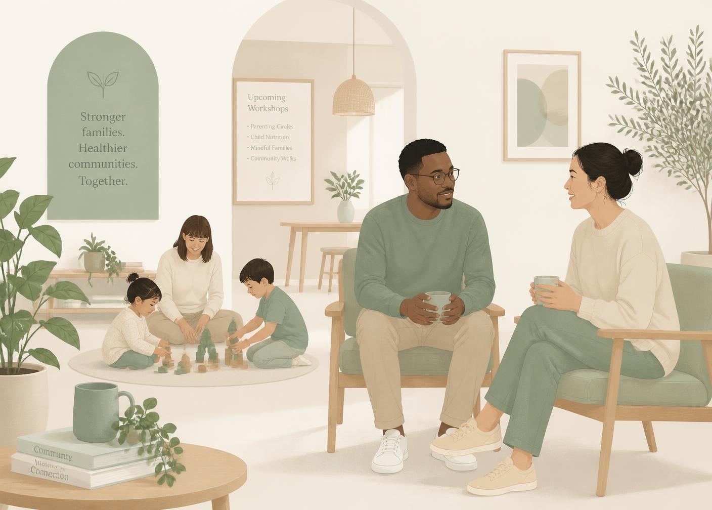 Illustration of parents talking while young children play nearby