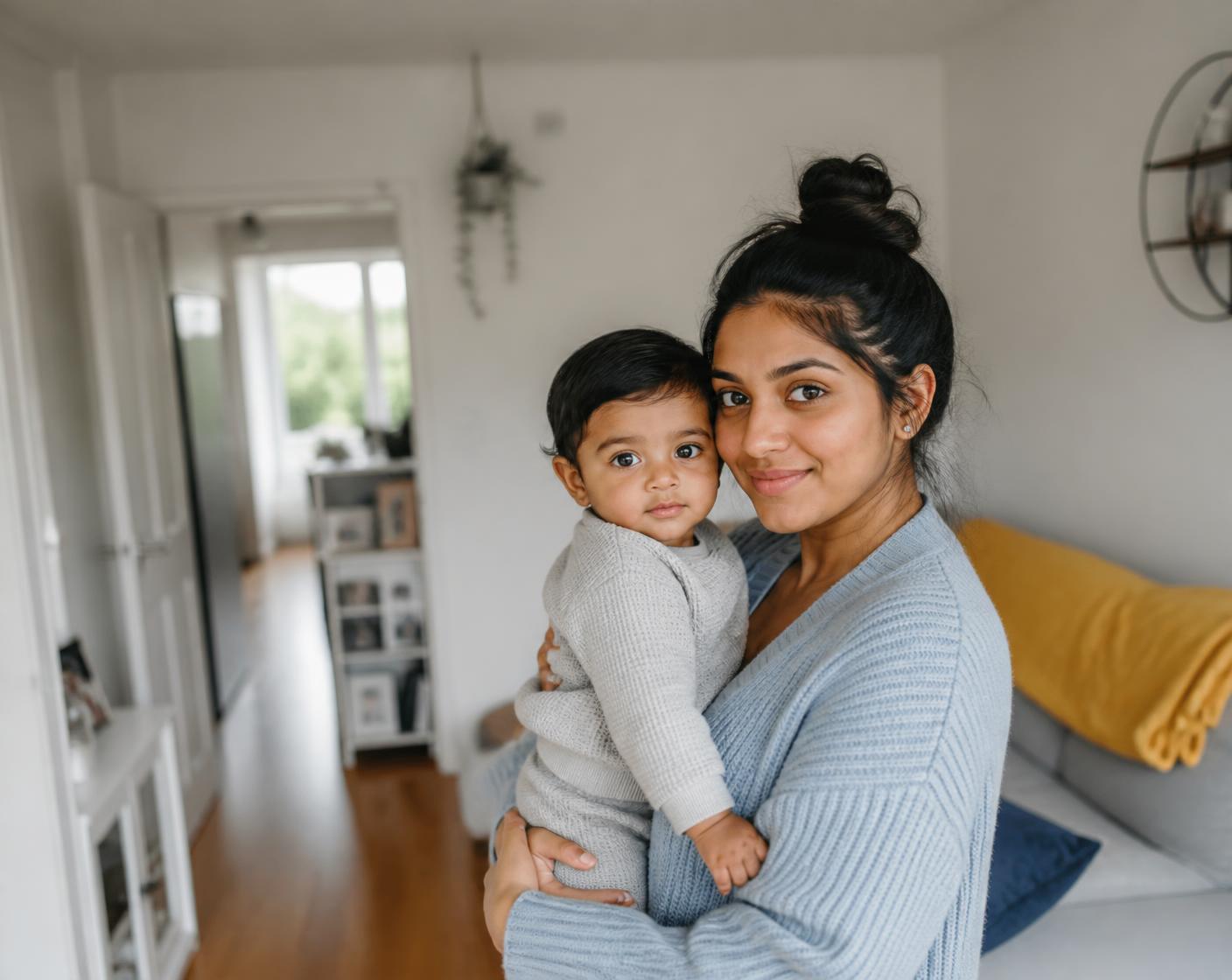 A mother holding her baby close in a bright living room