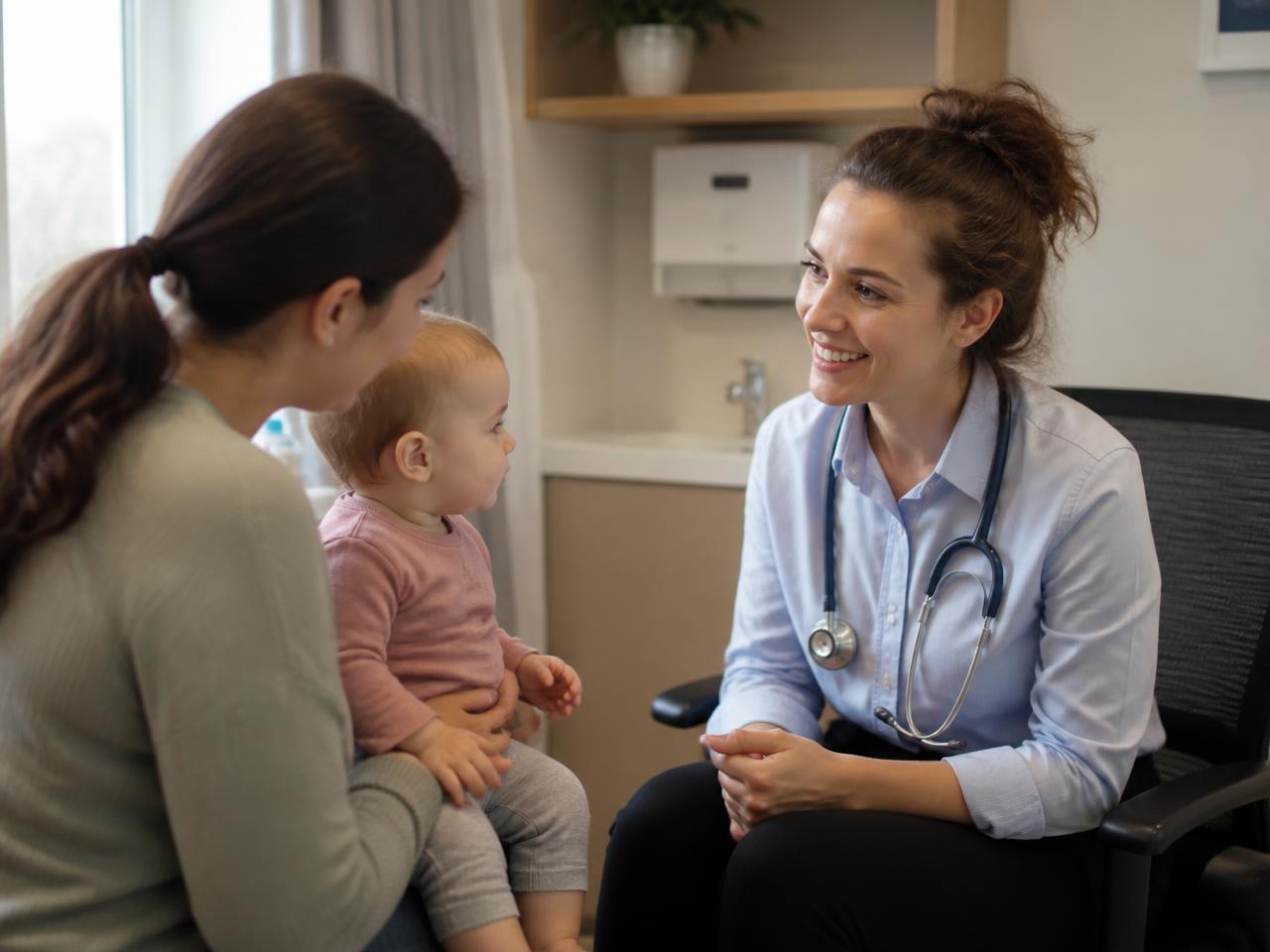 A parent holding their baby while talking with a healthcare professional in a calm clinic room
